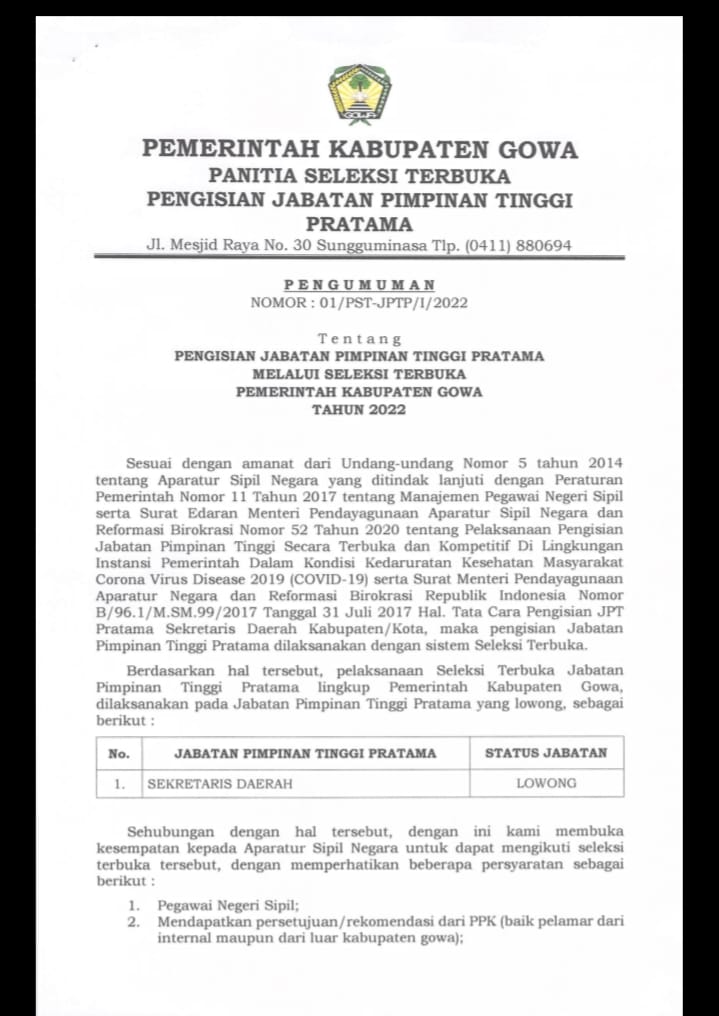 Pemkab Gowa Buka Seleksi Terbuka Jabatan Sekretaris Daerah 